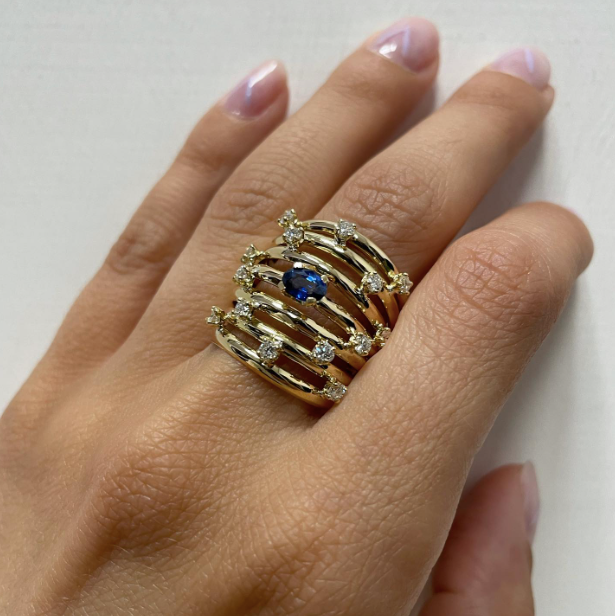 Punto - anello in oro 18kt , zaffiro e diamanti