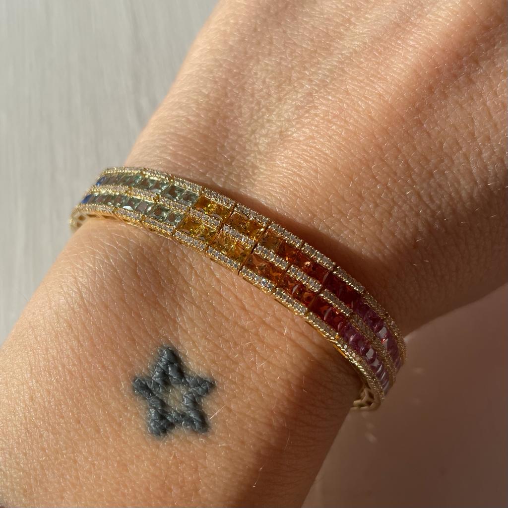 La rainbow - bracciale in oro giallo 18kt, zaffiri multicolor e diamanti