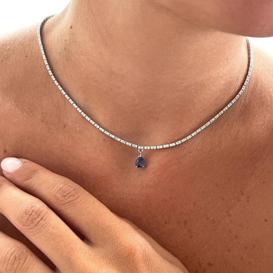 Goccia - collana tennis in oro 18kt con diamanti e zaffiro pendente