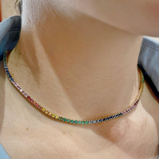 Lego - collana tennis in oro 18kt e zaffiri multicolor