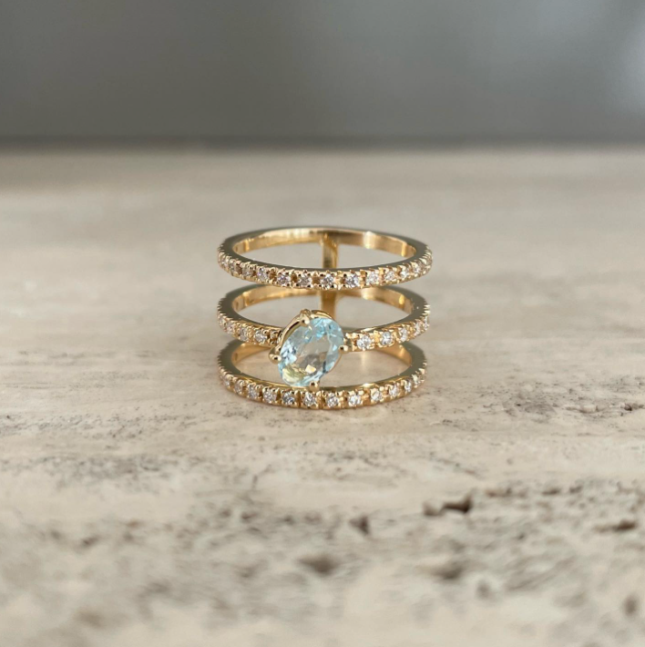 Dea - anello da falange o mignolo con diamanti e acquamarina