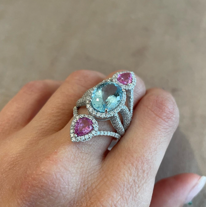 la Bea- anello in oro 18kt , diamanti , acquamarina e zaffiri rosa