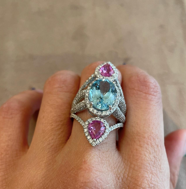 la Bea- anello in oro 18kt , diamanti , acquamarina e zaffiri rosa
