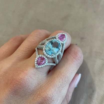 la Bea- anello in oro 18kt , diamanti , acquamarina e zaffiri rosa